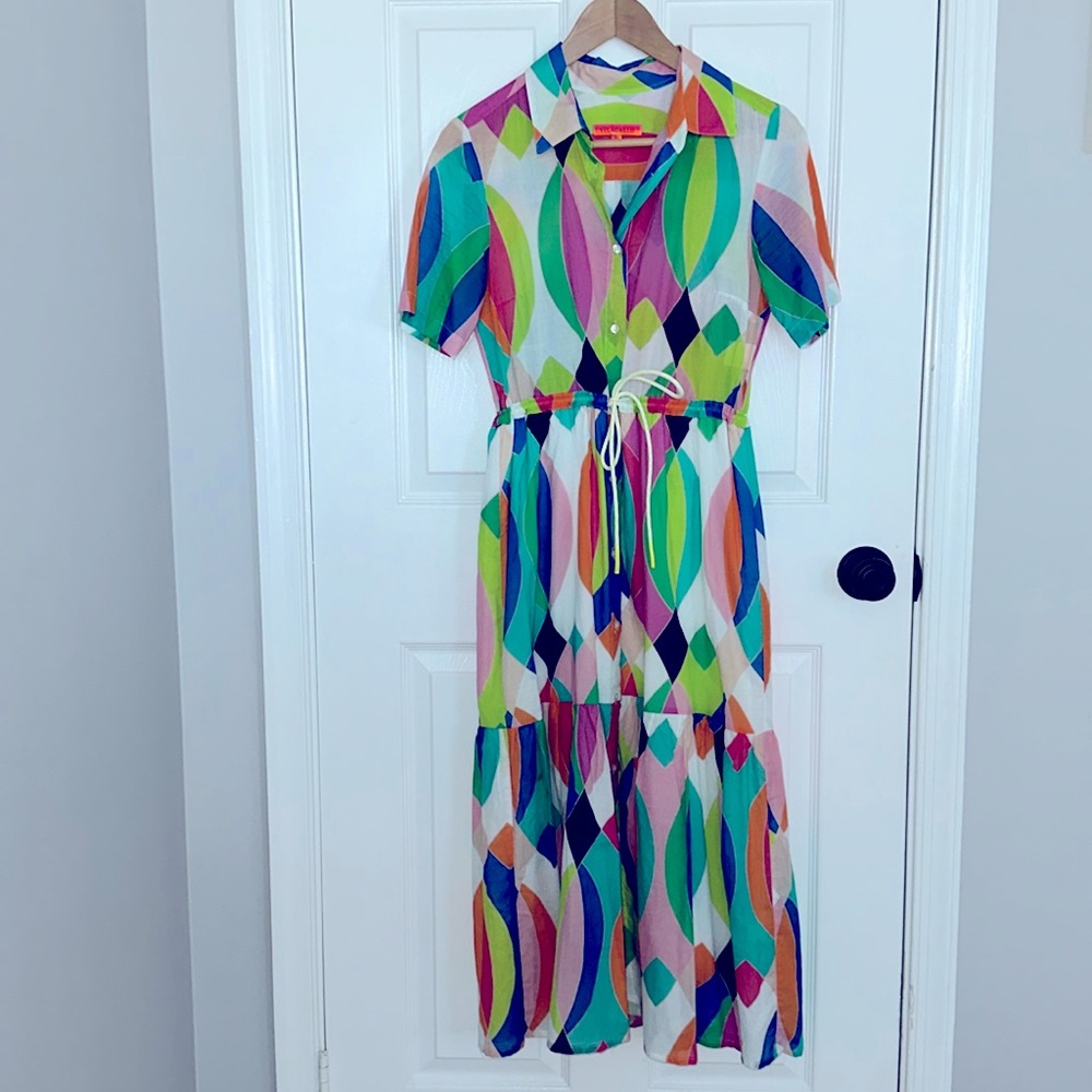 Vilagallo Multicolor Geometric Midi Dress - Green, Blue, Pink, Orange
